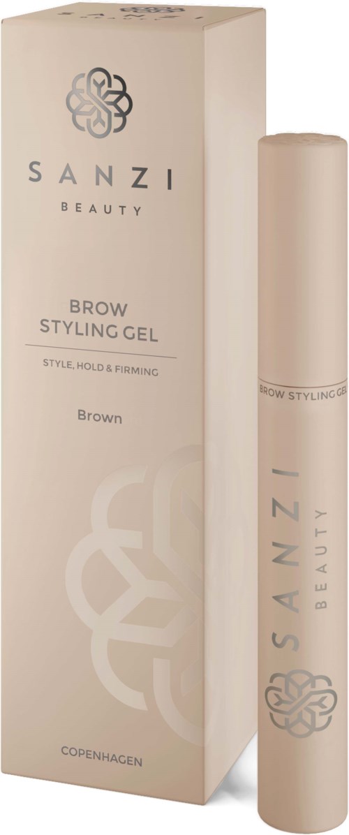 A box and a bottle of SANZI beauty brow styling gel, brown color, with minimalistic text and logo design.