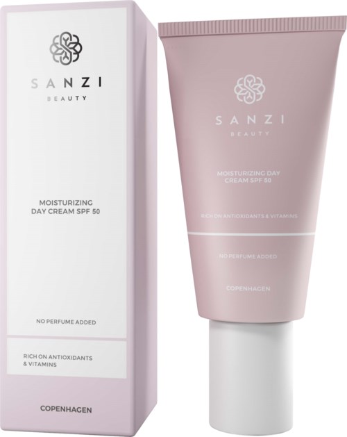 En rosa tub och en vit låda visar båda SANZI BEAUTY, återfuktare, SPF 50, utan parfym, antioxidanter, vitaminer, Köpenhamn.