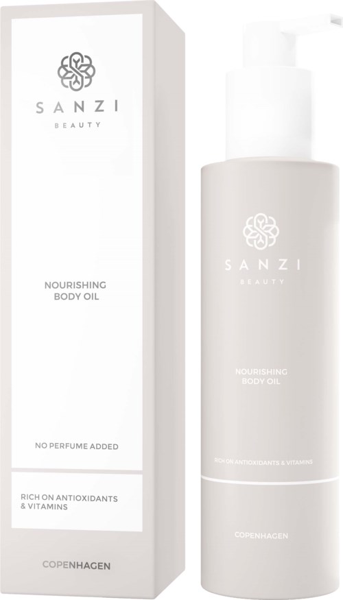 Valkoinen pumppupullo ja sen vieressä laatikko, molemmissa lukee SANZI Beauty Nourishing Body Oil.