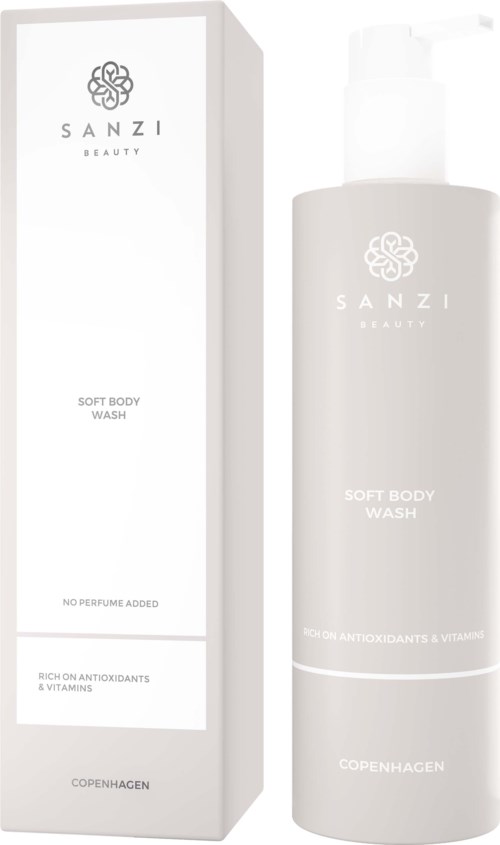 En hvit flaske og eske for SANZI beauty myk kroppsvask med tekst og logo, som indikerer at den har antioksidanter og vitaminer.