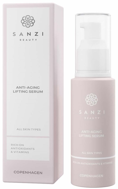 En rosa och vit flaska anti-aging serum står bredvid sin förpackning. Paketet nämner viktiga ingredienser som antioxidanter och vitaminer.