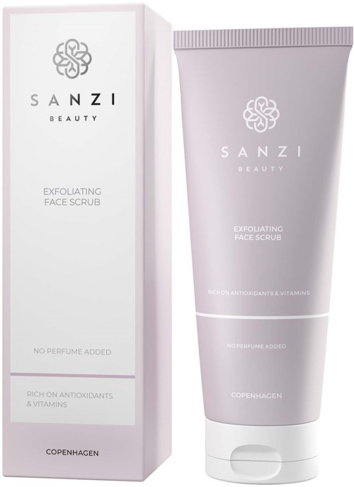 En eske og tube med SANZI eksfolierende ansiktsskrubb, med enkel design i lys rosa og hvitt.