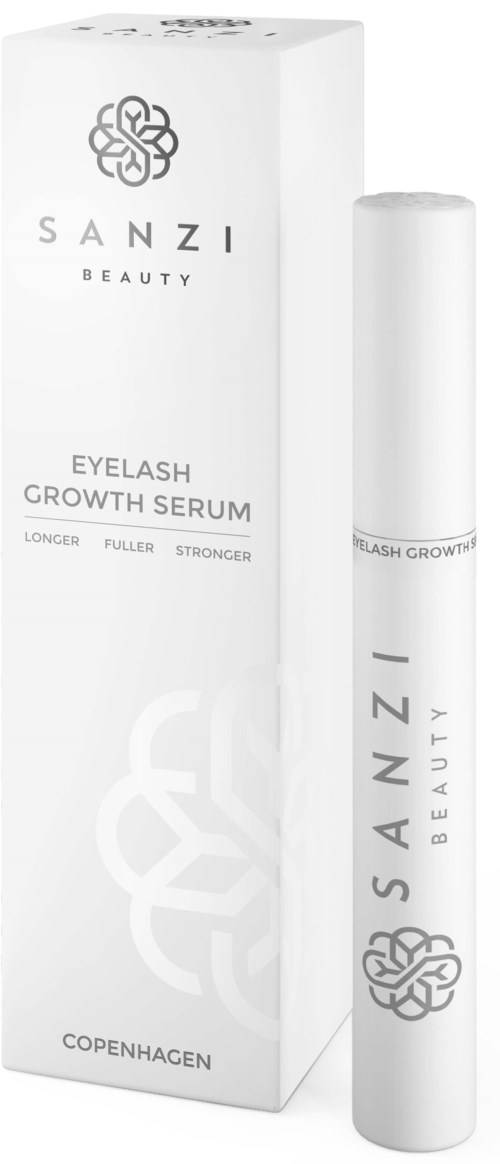 A white box with a tube inside. The box has the brand name 'SANZI' and mentions it is for eyelash growth serum.