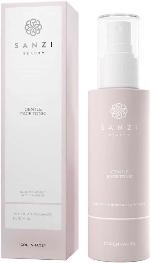 En lys pink flaske og en hvid æske til SANZI Beauty's milde ansigtstoner vises. Flasken har en pumpekapsel.