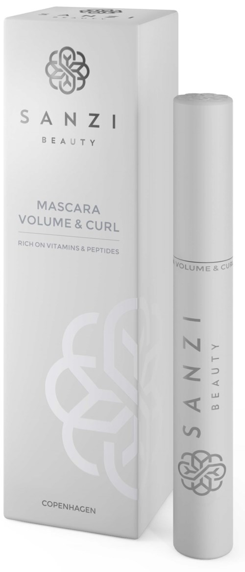En vit låda och en vit tub, båda märkta SANZI Beauty, med text om mascara för volym och lock, samt vitaminer.