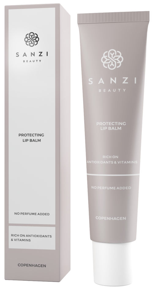 A lip balm tube and box with SANZI Beauty branding, white and grey design, promoting protection and antioxidants.