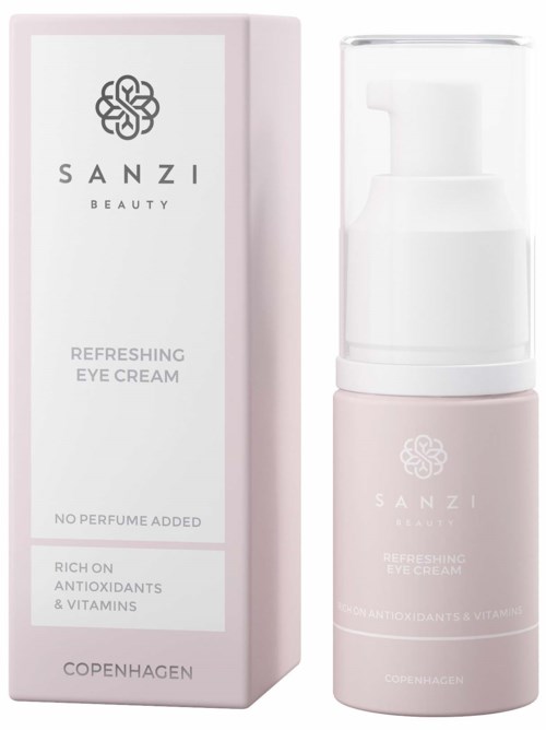 En lyserød æske og flaske med Sanzi forfriskende øjencreme, mærket med produktdetaljer og uden parfume.