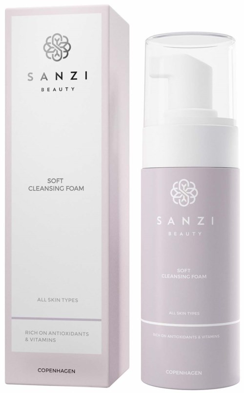 Sanzi Beauty myk rensende skumflaske og eske, med hvite og lys lilla farger, for alle hudtyper.