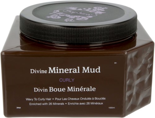 En brun burk med Divine Mineral Mud för lockigt hår, berikad med 26 mineraler, 34 oz kapacitet, med svart lock.