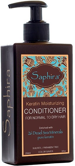 A brown bottle with a pump, labeled Saphira Keratin Moisturizing Conditioner for normal to dry hair.