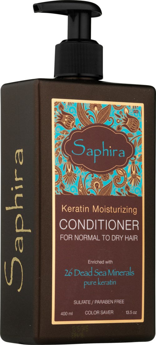 A black bottle of Saphira Keratin Moisturizing Conditioner for normal to dry hair with a pump, containing sea minerals.
