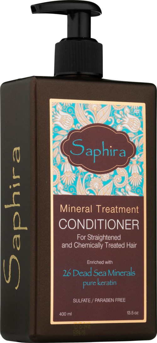 Een bruine fles Saphira Mineral Treatment Conditioner met pomp, bedoeld voor stijl en chemisch behandeld haar.