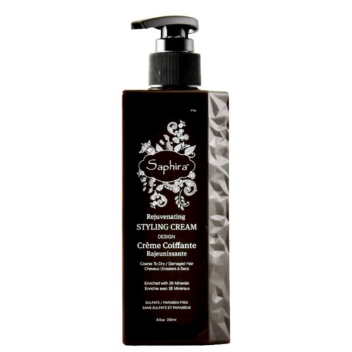 En mörk flaska med pumpinmatning innehåller Saphira Rejuvenating Styling Cream, berikad med mineraler för håret.