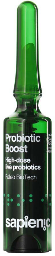 Mała fiolka z zieloną nakrętką oznaczona 'Probiotic Boost' i 'Sapienic', zawierająca wysoką dawkę żywych probiotyków.