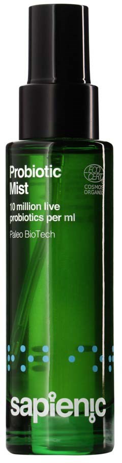 Green spray bottle labeled 'Probiotic Mist' with information about probiotics and a brand name 'sapenic' at the bottom.