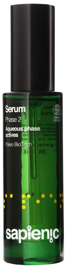 A green cylindrical bottle with black cap, labeled 'Serum Phase 2' and 'sapienc'.