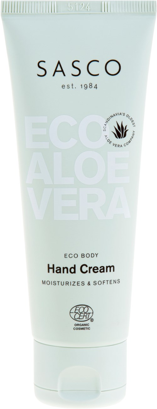 En vit tub märkad 'SASCO ECO ALOE VERA Hand Cream,' med symboler som visar att den är ekologisk och miljövänlig.