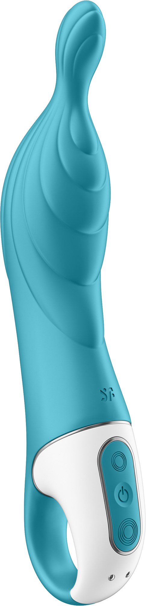 En blå och vit massageapparat med ett böjt, förlängt huvud och knappar på handtaget.