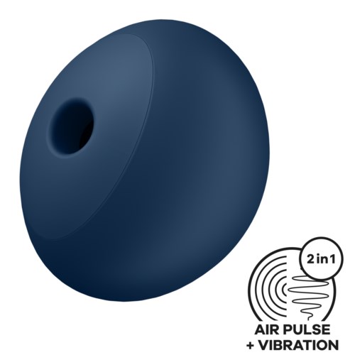 A dark blue spherical object with a hole, labeled as a 2-in-1 air pulse and vibration device.
