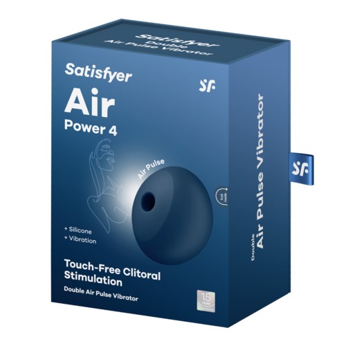 Blue box with product name, features, and a round device illustration. It says 'Touch-Free Clitoral Stimulation' and 'Vibrator.'