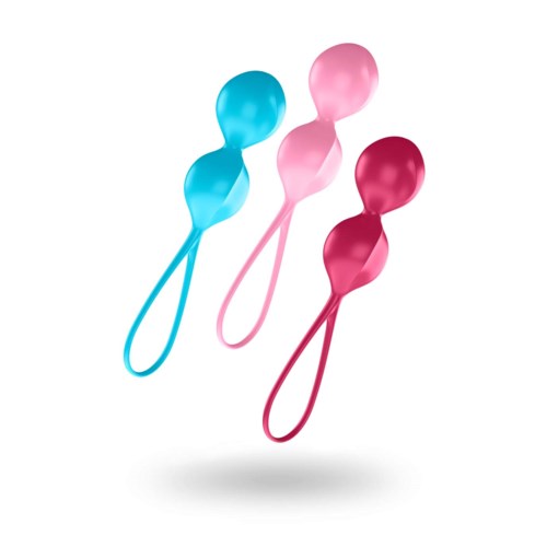 Fyra färgglada massager, blå, rosa, ljusrosa och mörkrosa, placerade diagonalt. De har snörhandtag.