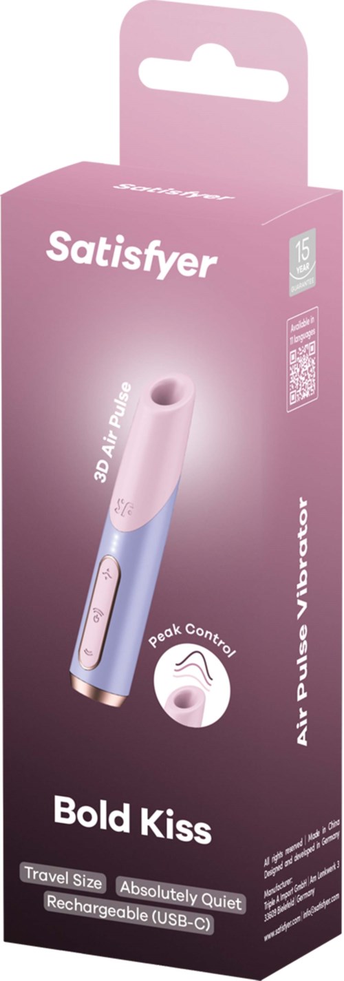 En rosa og blå personlig vibrator i emballasjen, merket 'Bold Kiss', med reisestørrelse og oppladbar funksjon.