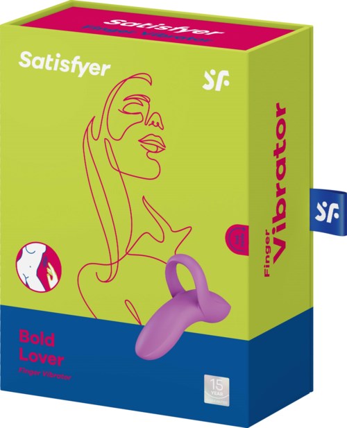 Pakke for en vibrator med rosa og lilla farger, merkenavn og beskrivelse "Bold Lover".