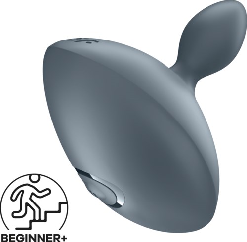 En lille, grå, ergonomisk enhed med rund form og en udstikkende del, måske til at holde eller styre.