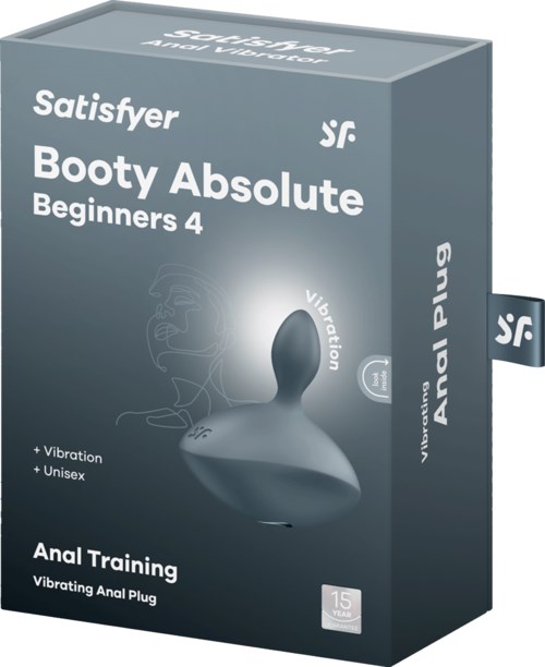 En æske med en vibratoranalpære kaldet Booty Absolute, til begyndere, unisex, til anal træning, med 15 års garanti.