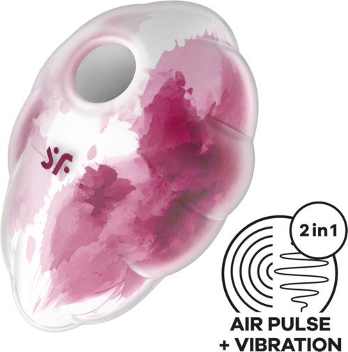 Ørepropper med rosa og hvit design, merket 'J.F.', viser luftpuls og vibrasjon.