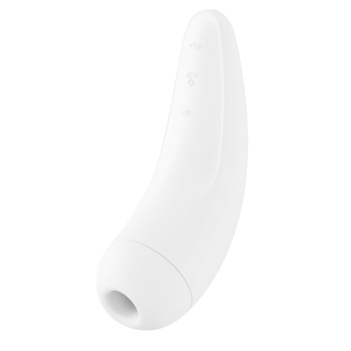 A white, curved device with a small opening at the end, shaped like a crescent or banana, with some buttons.