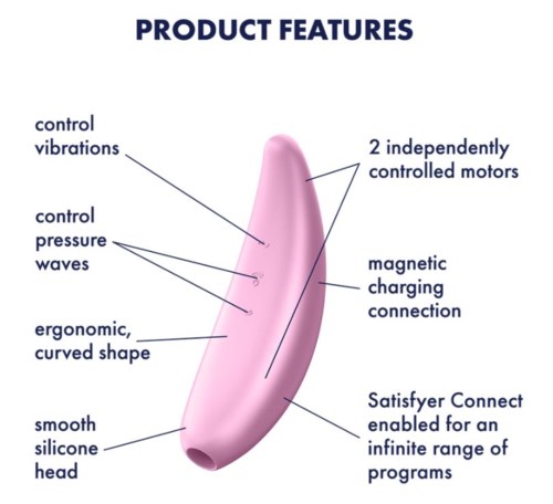 En rosa, kurvig enhet med funktioner som vibrationskontroll, två motorer, silikonhuvud och magnetladdning.