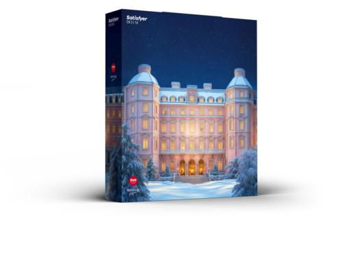 Ett stort, fint hotellbygge täckt av snö, med upplysta fönster och träd runt om under vintern.