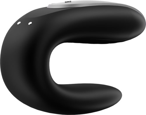 En sort og hvid enhed, der ligner en lille, buet massager eller elektronisk gadget med et elegant design.