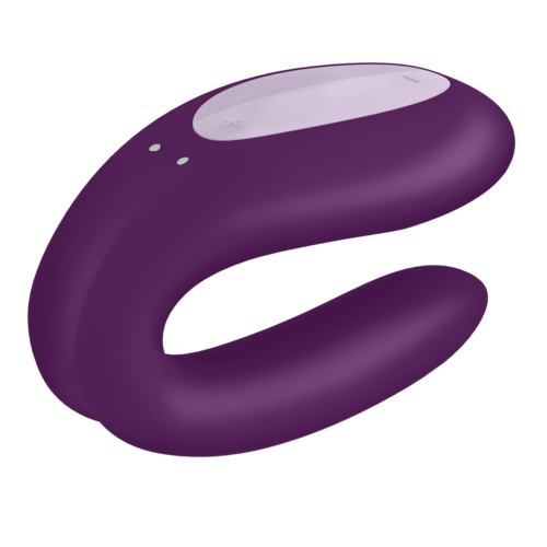 Een paarse, C-vormige draagbare apparaat met een glad oppervlak en kleine indicatielampjes.