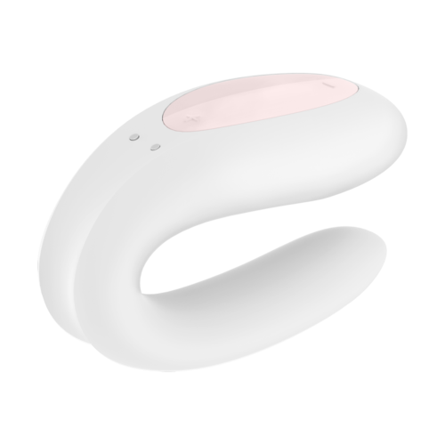 Een wit, U-vormig apparaat met een roze ovale plek bovenop, lijkt op een modern persoonlijk verzorgingsapparaat.