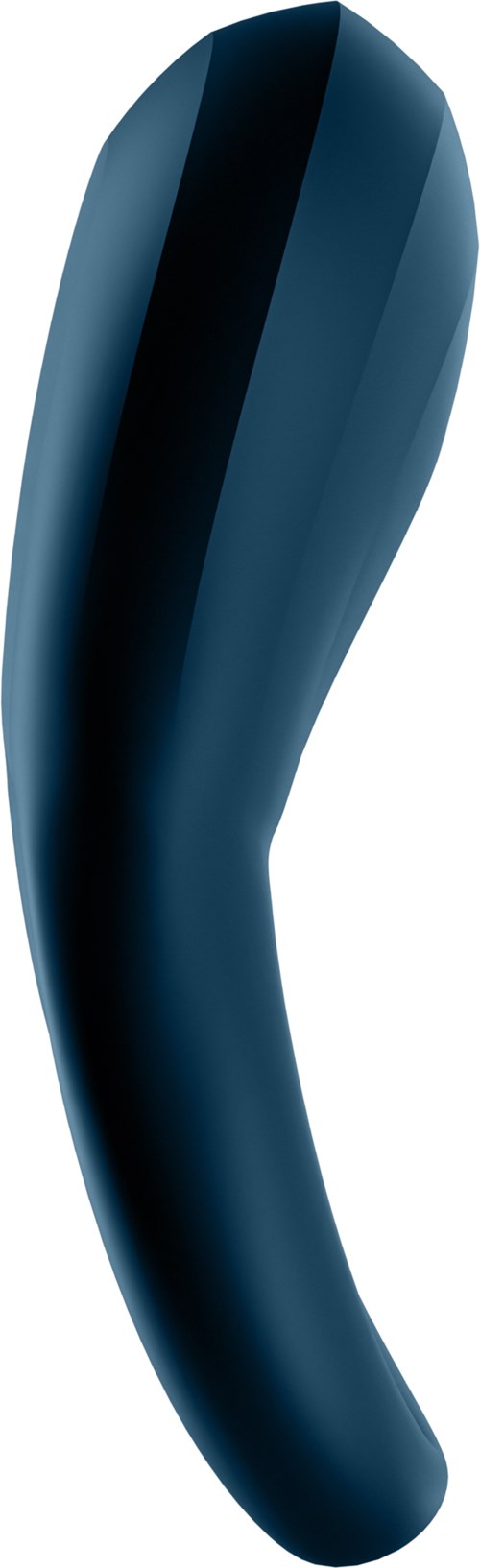 A sleek, curved dark-blue object with a black stripe, resembling a modern, stylish phone or gadget.