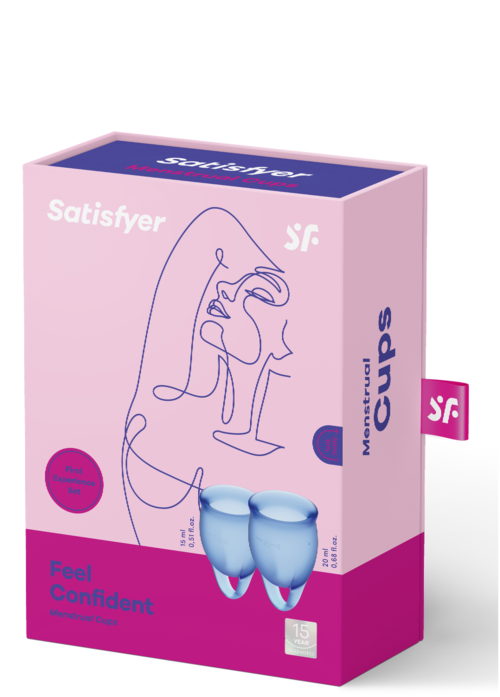 Pakke til tandplejeprodukter med rosa og lilla farver, viser to tænder og ord som "føl dig selvsikker" og "satisfyer."