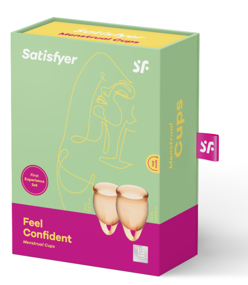 Laatikko kuukautiskuppeja, jossa minimalistinen viivapiirros naisesta ja merkki Satisfyer.