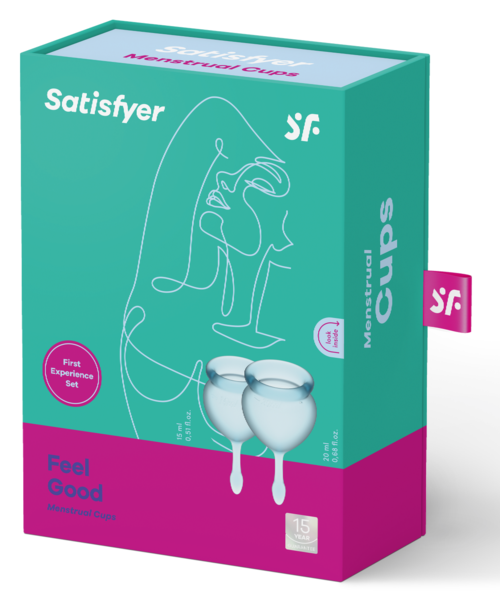 En boksmerket Satisfyer, med en illustrasjon av to sammenflettede ansikter og to hvite kuler nederst.