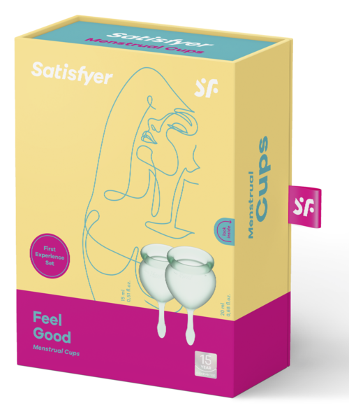 Eske for menstruasjonskopper med rosa og gult, og to kopper på forsiden.