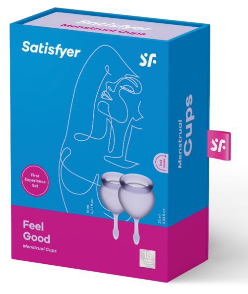 Bok med menskups med enkel linjeteckning, rosa och blå färger och orden "Feel Good" och "Satisfyer".