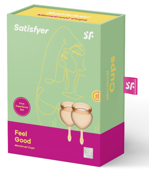Bilde viser menstruasjonskopper, en linjetegning av et ansikt, og teksten 'Feel Good' og 'First Experience Set'.