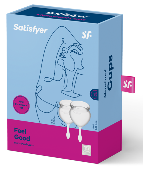 Esken for menstruasjonskopper med enkel linjetegning og rosa etikett, som viser en følelse av god helse.