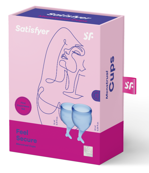 Rasian kuukautiskuppeille, yksinkertainen piirustus, pinkki ja violetti värejä, ja tekstit "Feel Secure."