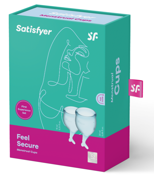 En teal boks med hvid stregtegning af to livmoderformede kopper, pink mærkat siger 'Feel Secure' og den indeholder menstruationskopper.