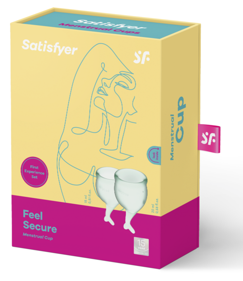 En boks mærket 'Feel Secure Menstrual Cup' med en graf af en ansigtkontur og to kopillustrationer.