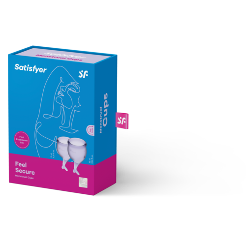 Sininen ja vaaleanpunainen Satisfyer kuukautiskupit -hylsy, jossa logo ja teksti, graafinen viivapiirros ja tuotekuva.
