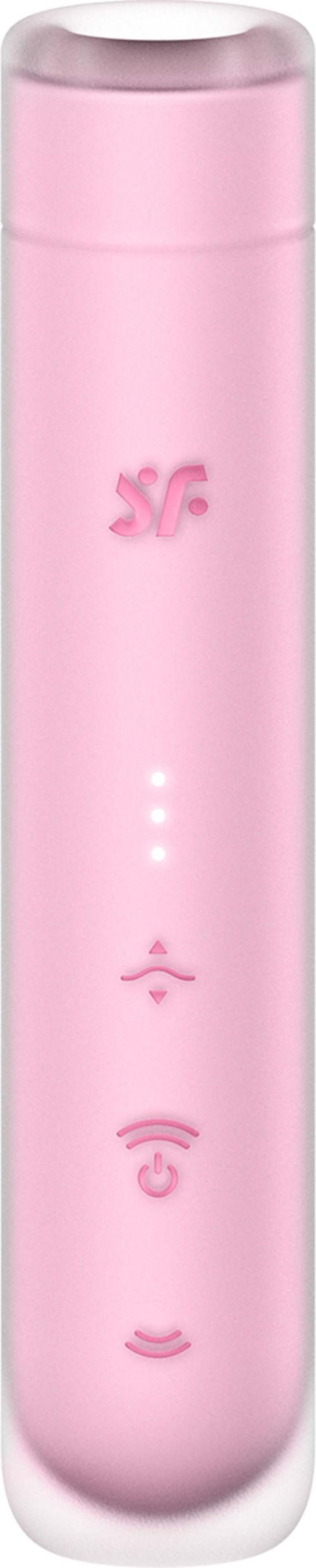 En rosa, cylindrisk enhet med knappar och LED-lampor, sannolikt en bärbar högtalare eller skönhetsapparat.