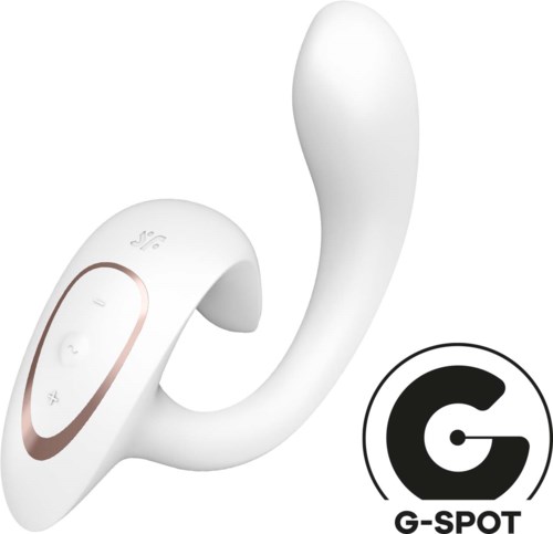 A white wearable device with buttons, designed for personal use, and a G-SPOT logo.